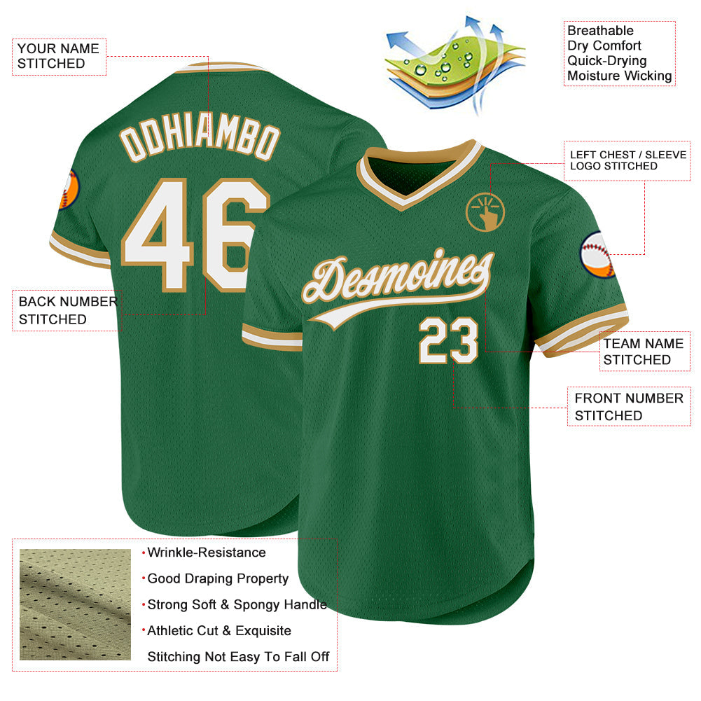 Custom Kelly Green White-Old Gold Authentic Throwback Baseball Jersey baseball jersey product view 3