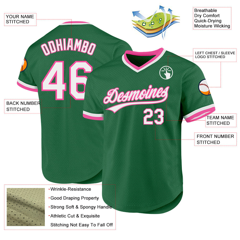 Custom Kelly Green White-Pink Authentic Throwback Baseball Jersey baseball jersey product view 3