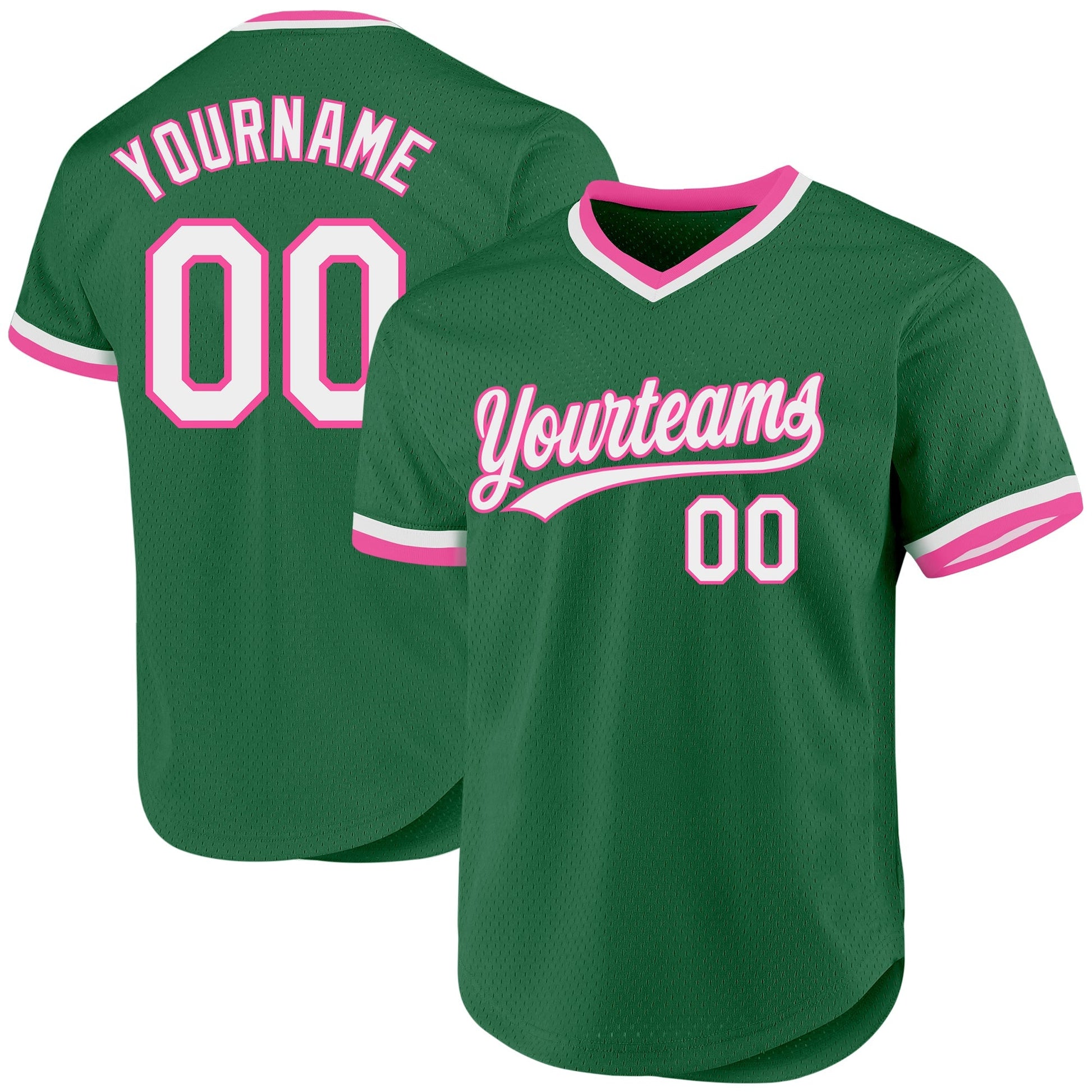 Custom Kelly Green White-Pink Authentic Throwback Baseball Jersey baseball jersey product view 1