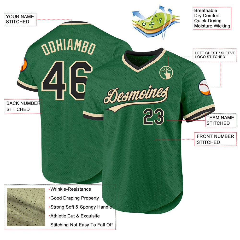 Custom Kelly Green Black-Cream Authentic Throwback Baseball Jersey baseball jersey product view 3