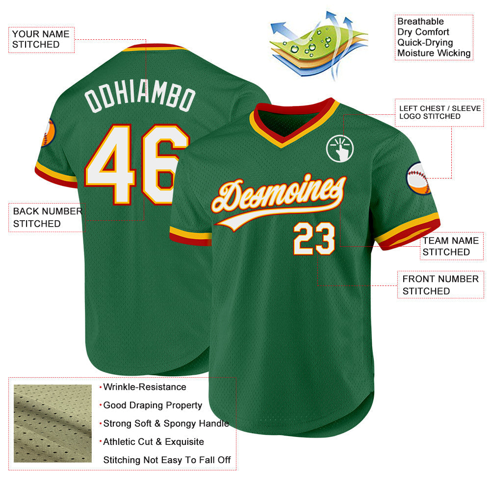 Custom Kelly Green Gold-Red Authentic Throwback Baseball Jersey baseball jersey product view 3