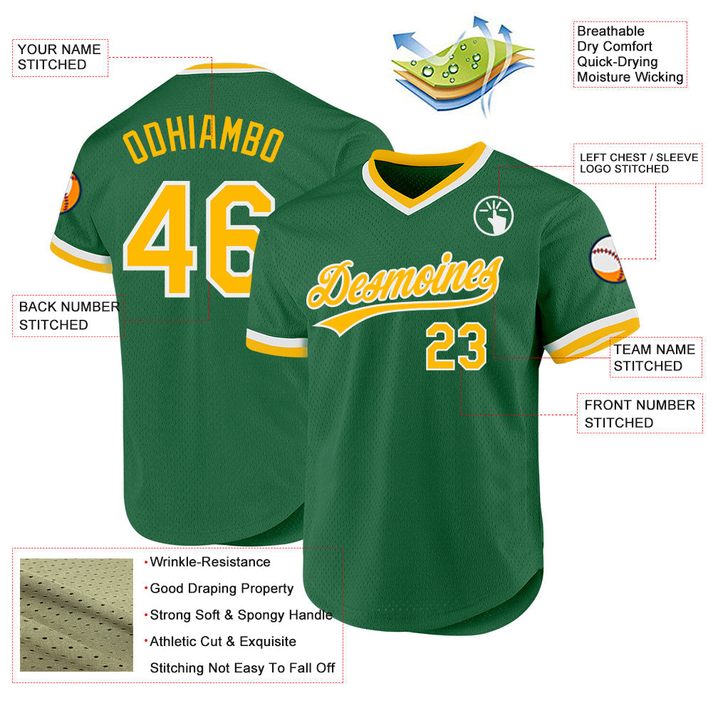 Custom Kelly Green Gold-White Authentic Throwback Baseball Jersey baseball jersey product view 3