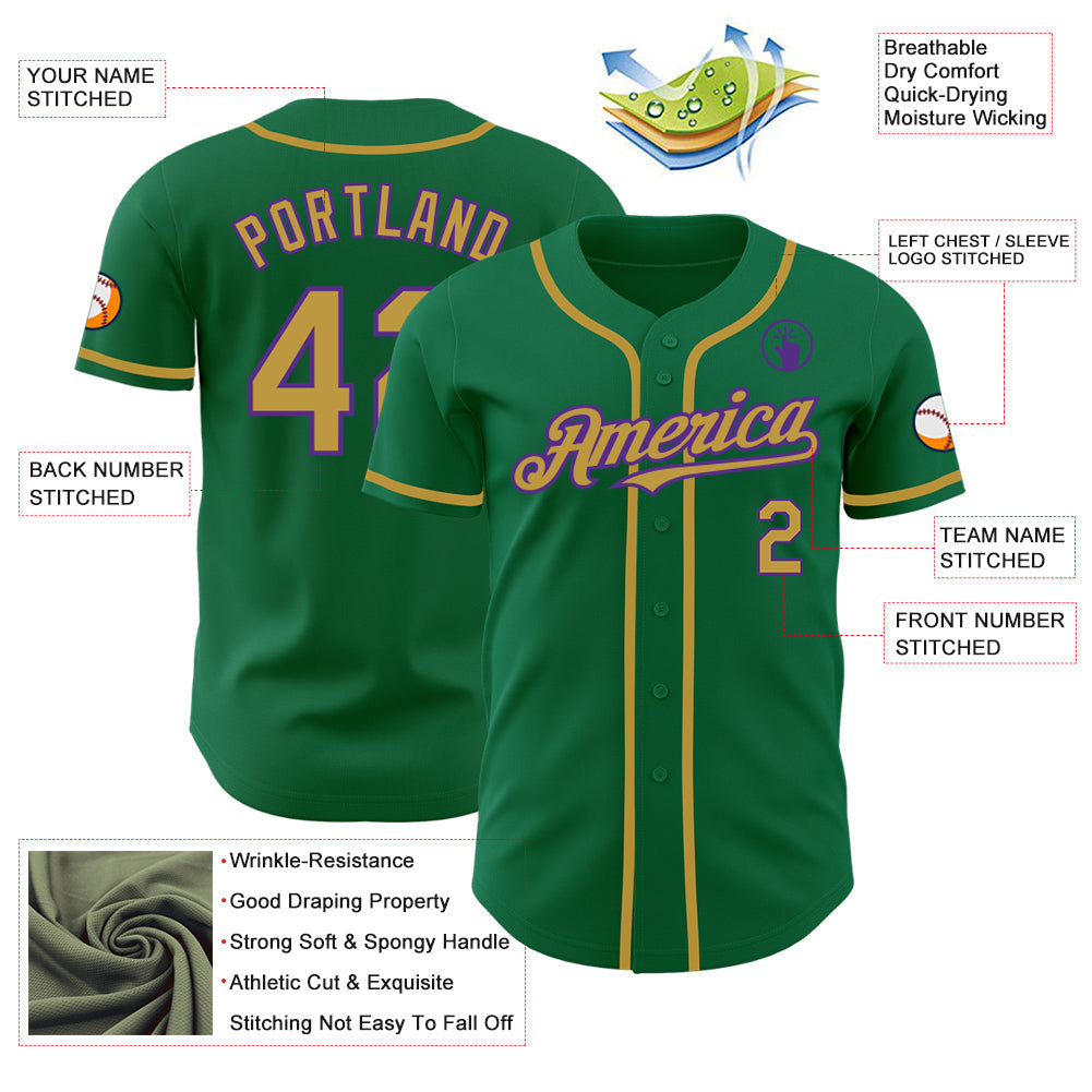 Custom Kelly Green Old Gold-Purple Authentic Baseball Jersey baseball jersey product view 3