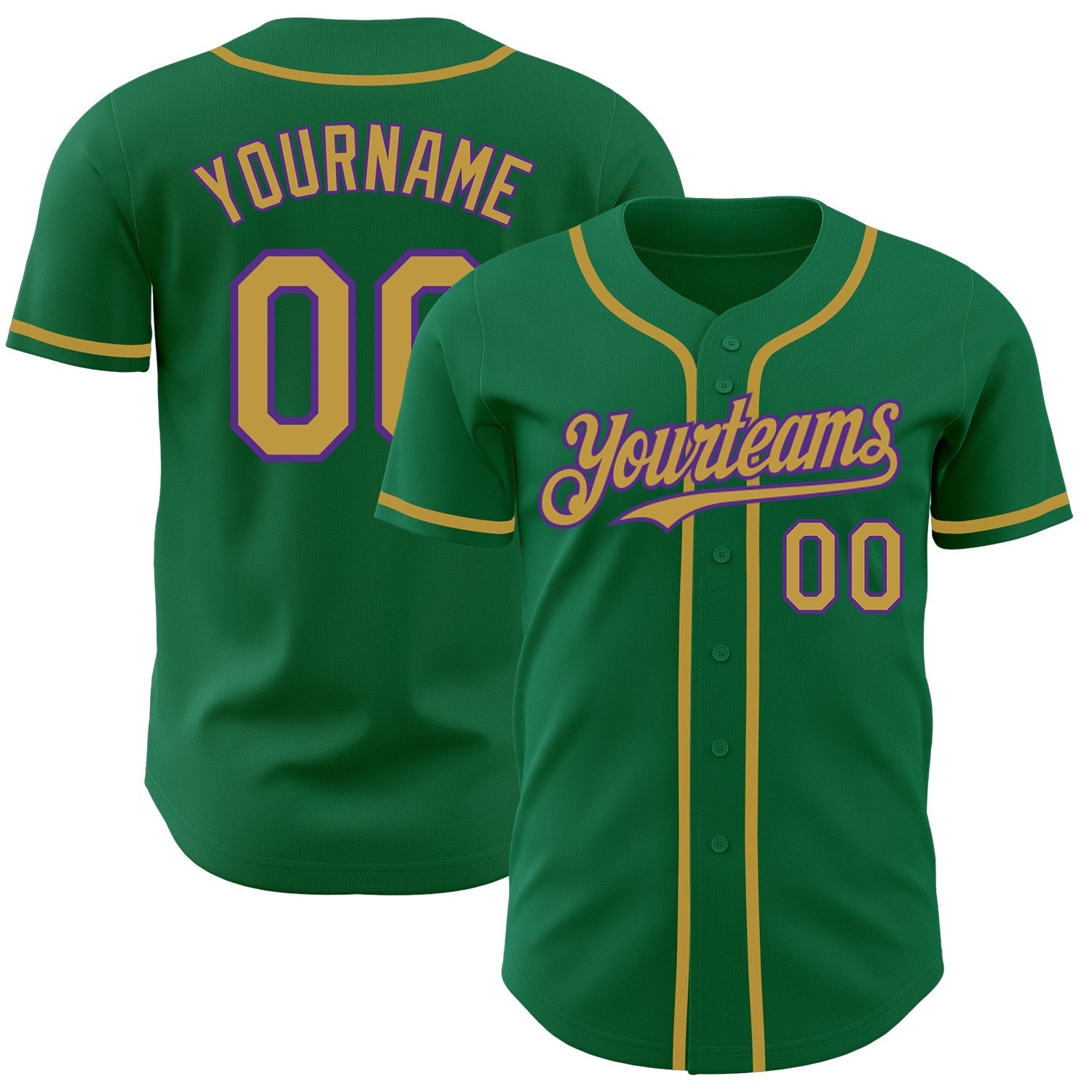 Custom Kelly Green Old Gold-Purple Authentic Baseball Jersey baseball jersey product view 1