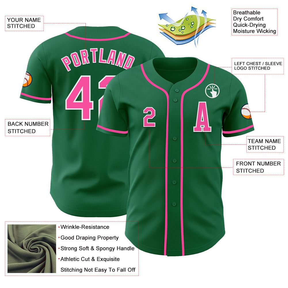 Custom Kelly Green Pink-White Authentic Baseball Jersey baseball jersey product view 2