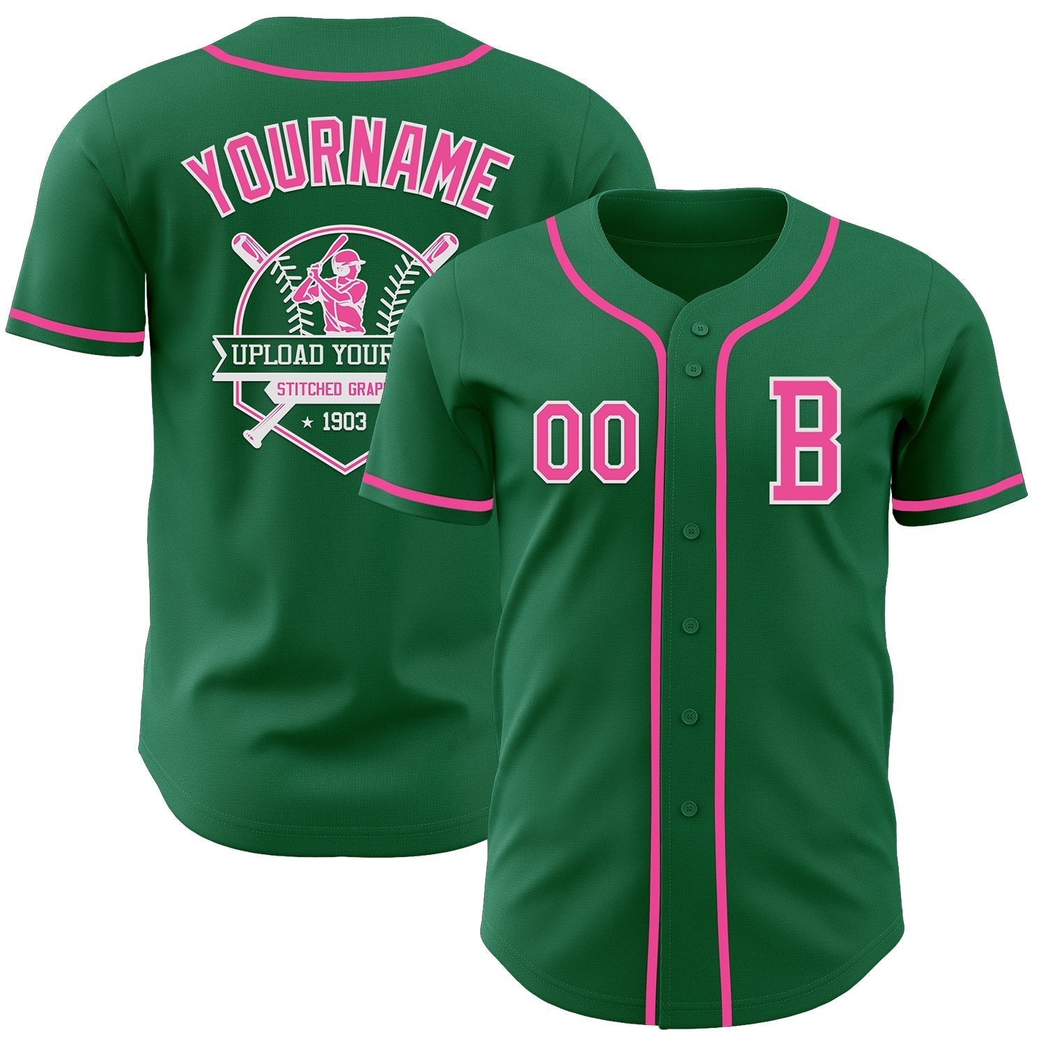 Custom Kelly Green Pink-White Authentic Baseball Jersey baseball jersey product view 5