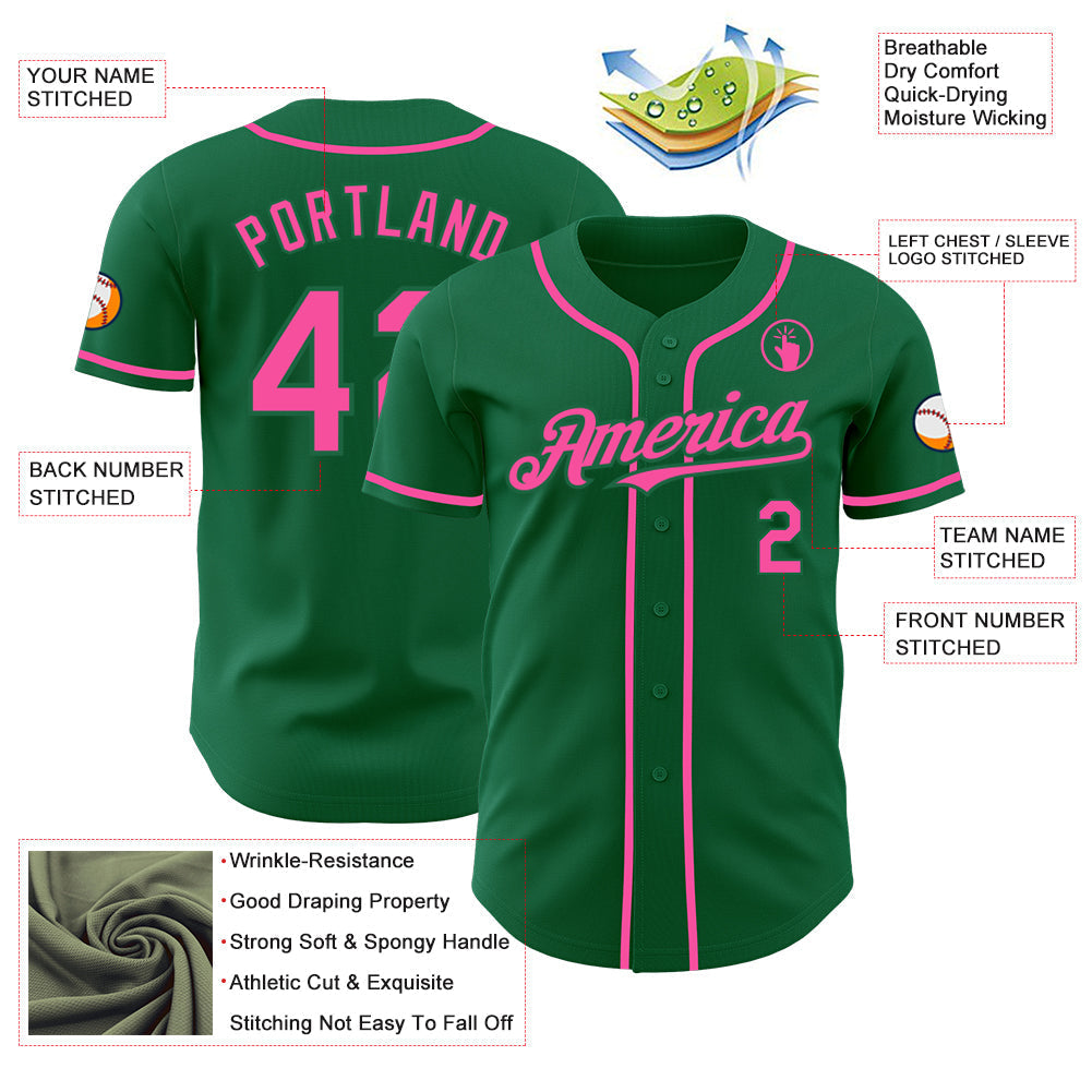 Custom Kelly Green Pink Authentic Baseball Jersey baseball jersey product view 3