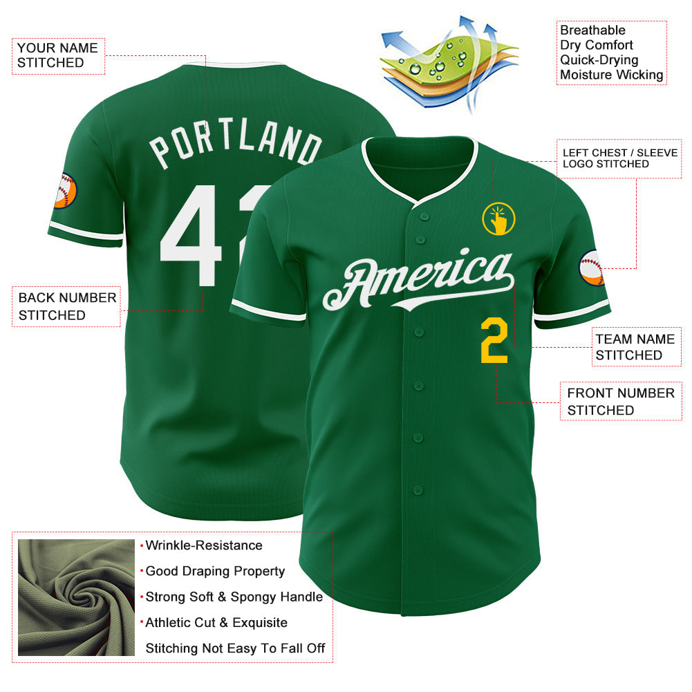 Custom Kelly Green White-Yellow Authentic Baseball Jersey baseball jersey product view 3