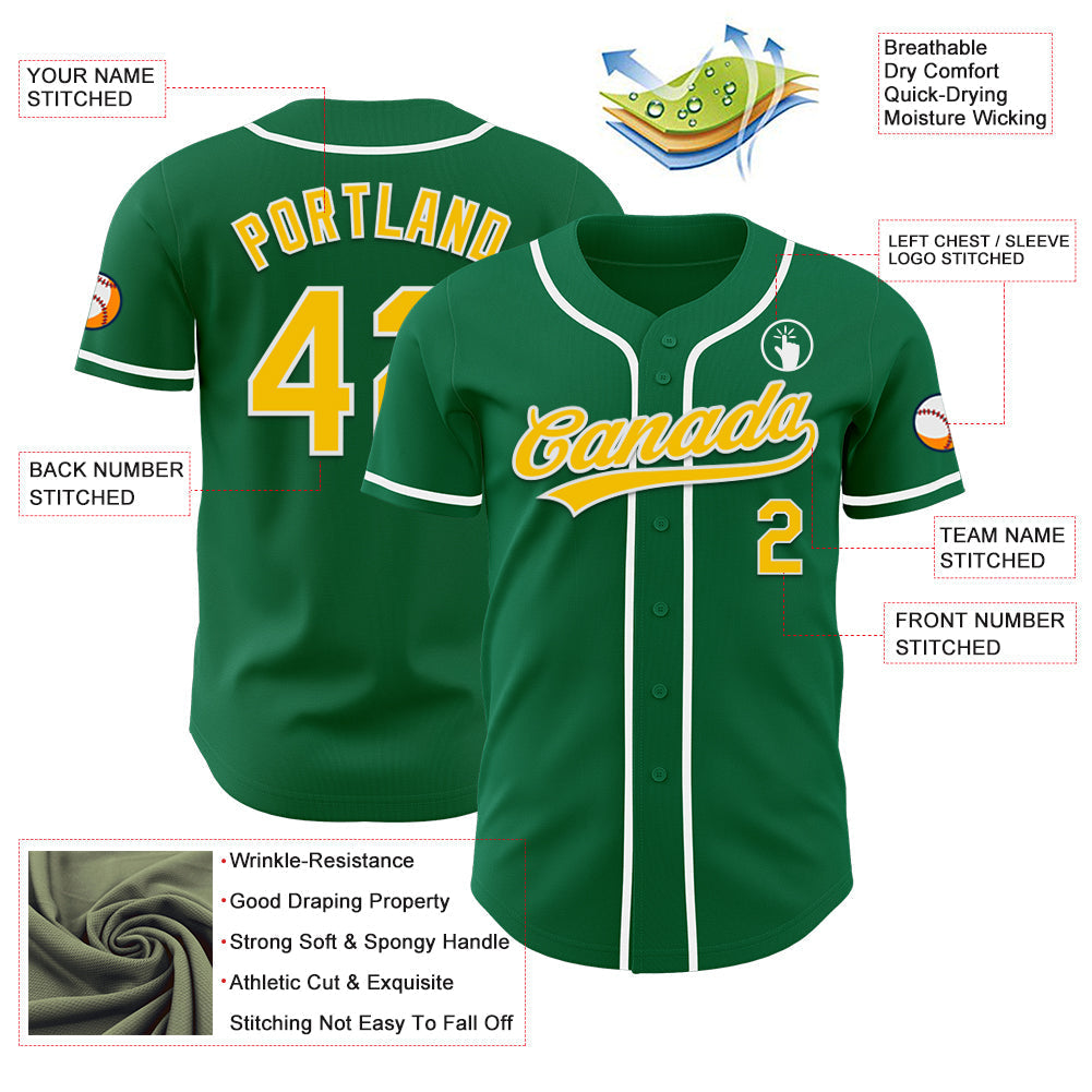 Custom Kelly Green Yellow-White Authentic Baseball Jersey baseball jersey product view 3
