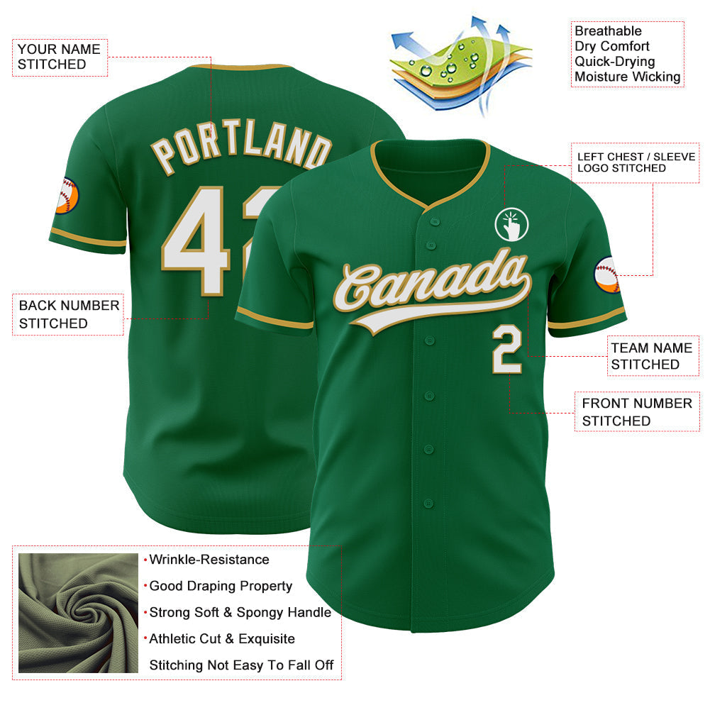Custom Kelly Green White-Old Gold Authentic Baseball Jersey baseball jersey product view 3
