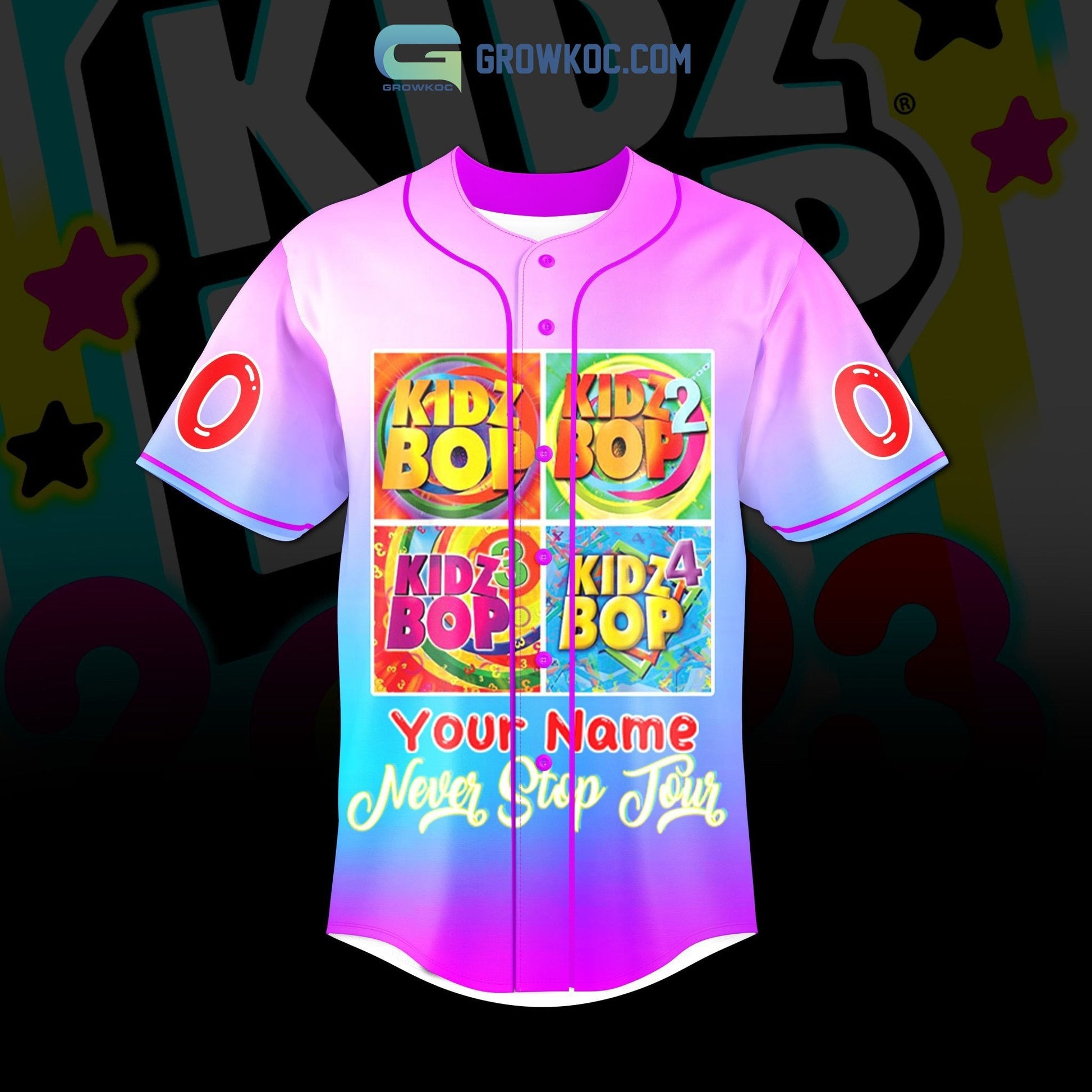 Kidz Bop Never Stop 2023 Personalized Baseball Jersey baseball jersey product view 2
