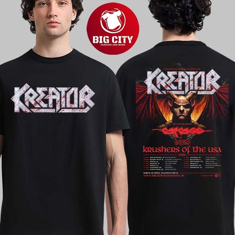 Kreator Krushers Of The USA 2026 Schedule Tour Dates Two Sided Shirt Unisex T-shirt, Sweatshirt, Hoodie, Long Sleeve Tee - T-Shirt, Sweatshirt, Hoodie
