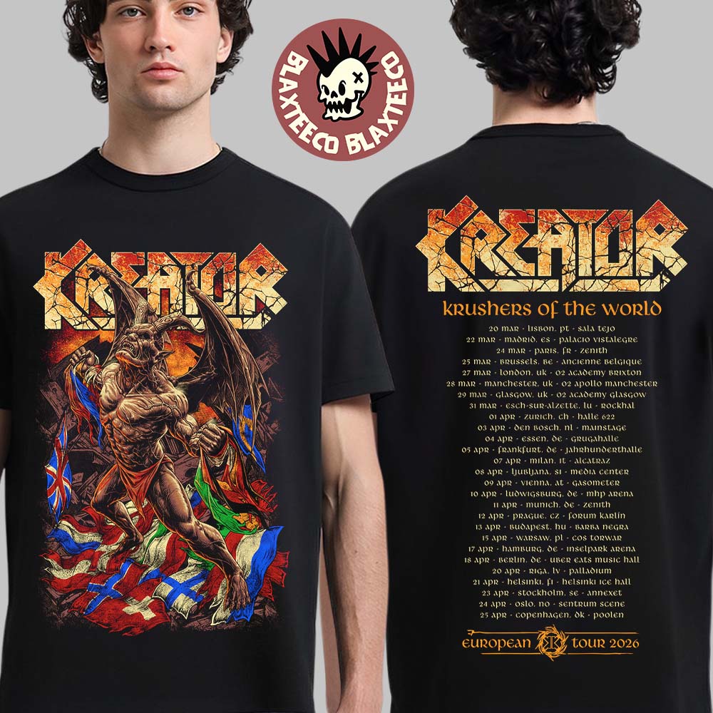 Kreator Krushers Of The World European Tour 2026 Merch Demon With Flags T-Shirt Unisex T-shirt, Sweatshirt, Hoodie, Long Sleeve Tee - T-Shirt, Sweatshirt, Hoodie