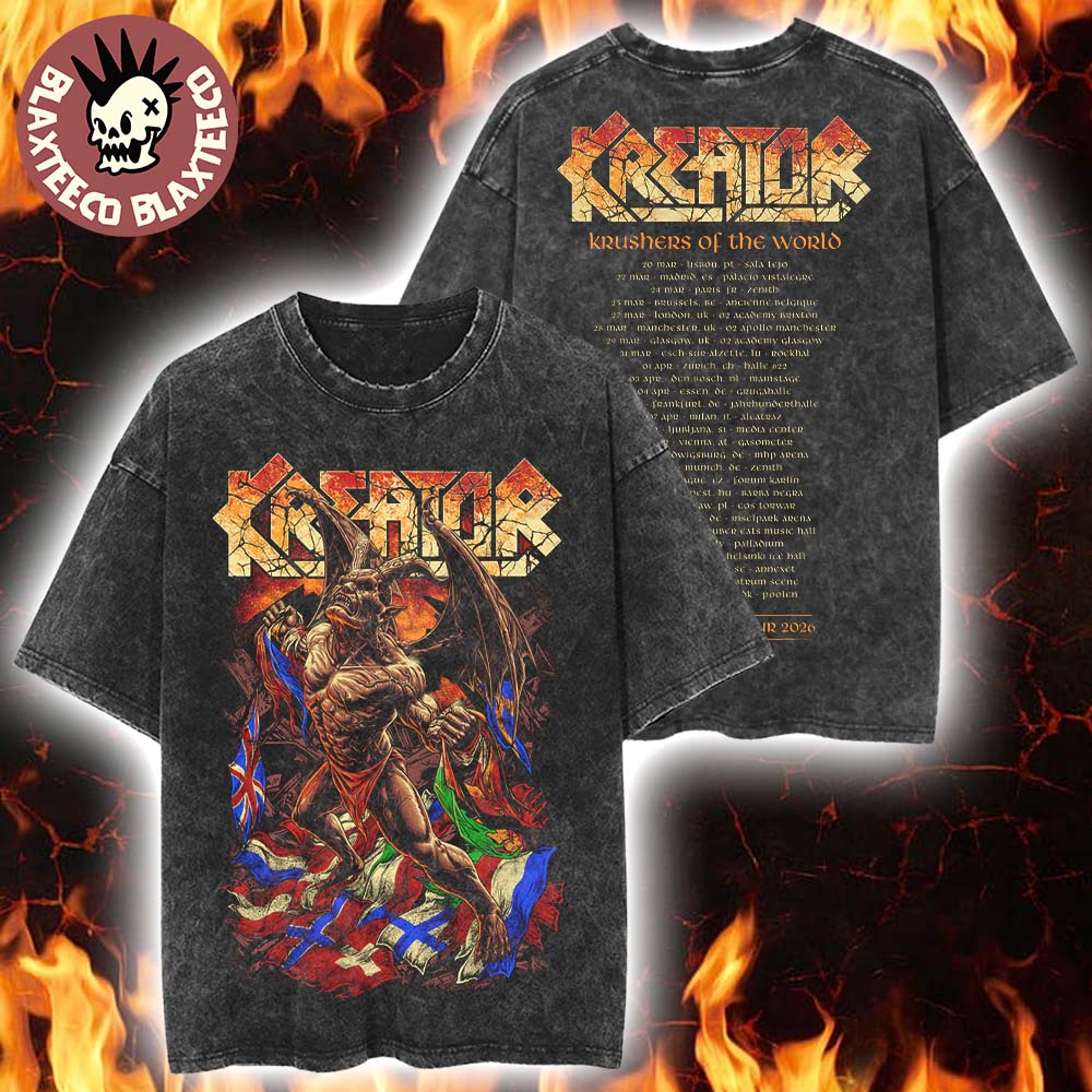 Kreator Krushers Of The World European Tour 2026 Merch Demon With Flags Vintage Washed Tee - T-Shirt, Sweatshirt, Hoodie