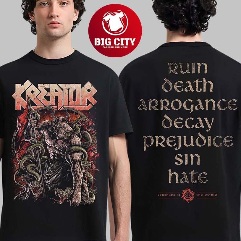 Kreator Krushers Of The World Merch Seven Serpents Two Sided Shirt Unisex T-shirt, Sweatshirt, Hoodie, Long Sleeve Tee - T-Shirt, Sweatshirt, Hoodie