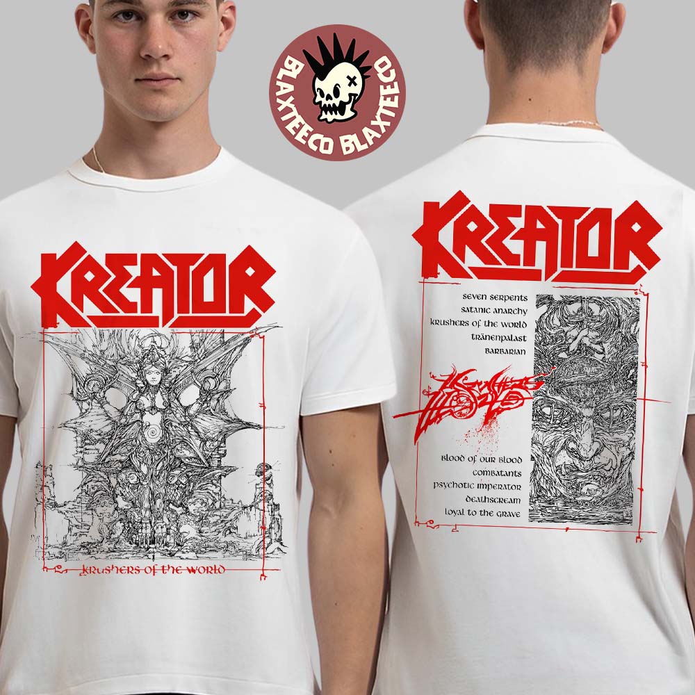 Kreator Krushers of The World Tracklist Two Sided T-Shirt Unisex T-shirt, Sweatshirt, Hoodie, Long Sleeve Tee - T-Shirt, Sweatshirt, Hoodie