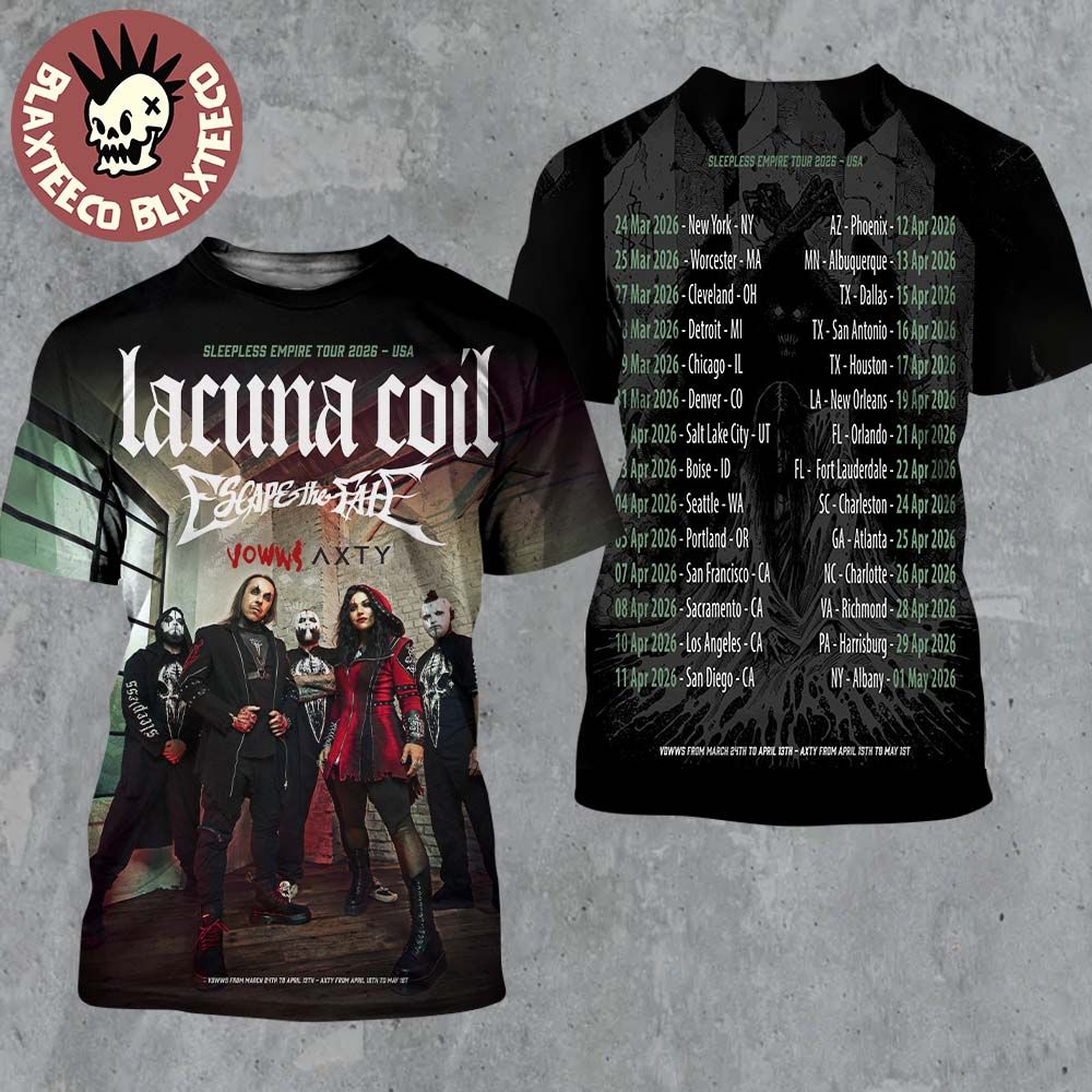 Lacuna Coil Sleepless Empire Tour 2026 North America Schedule Dates Two Sided All Over Print Shirt - T-Shirt, Sweatshirt, Hoodie