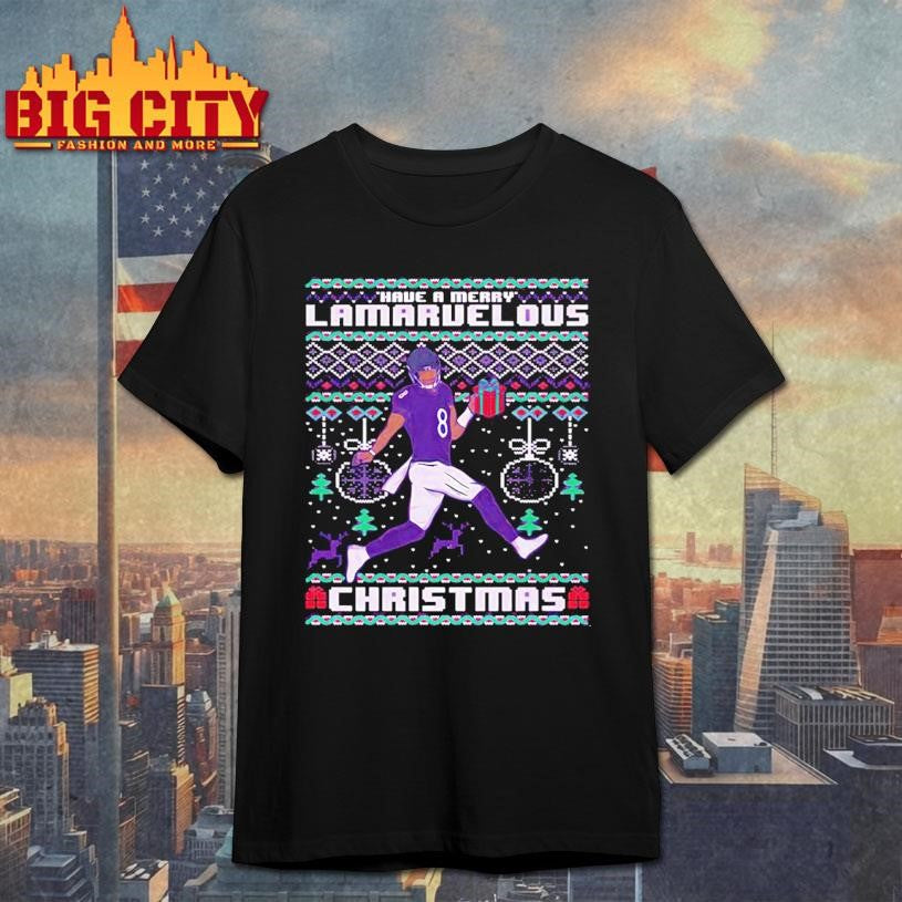 Lamar Jackson Baltimore Ravens Have a Merry Lamaruelous Ugly Xmas Shirt Unisex T-shirt, Sweatshirt, Hoodie, Long Sleeve Tee - T-Shirt, Sweatshirt, Hoodie