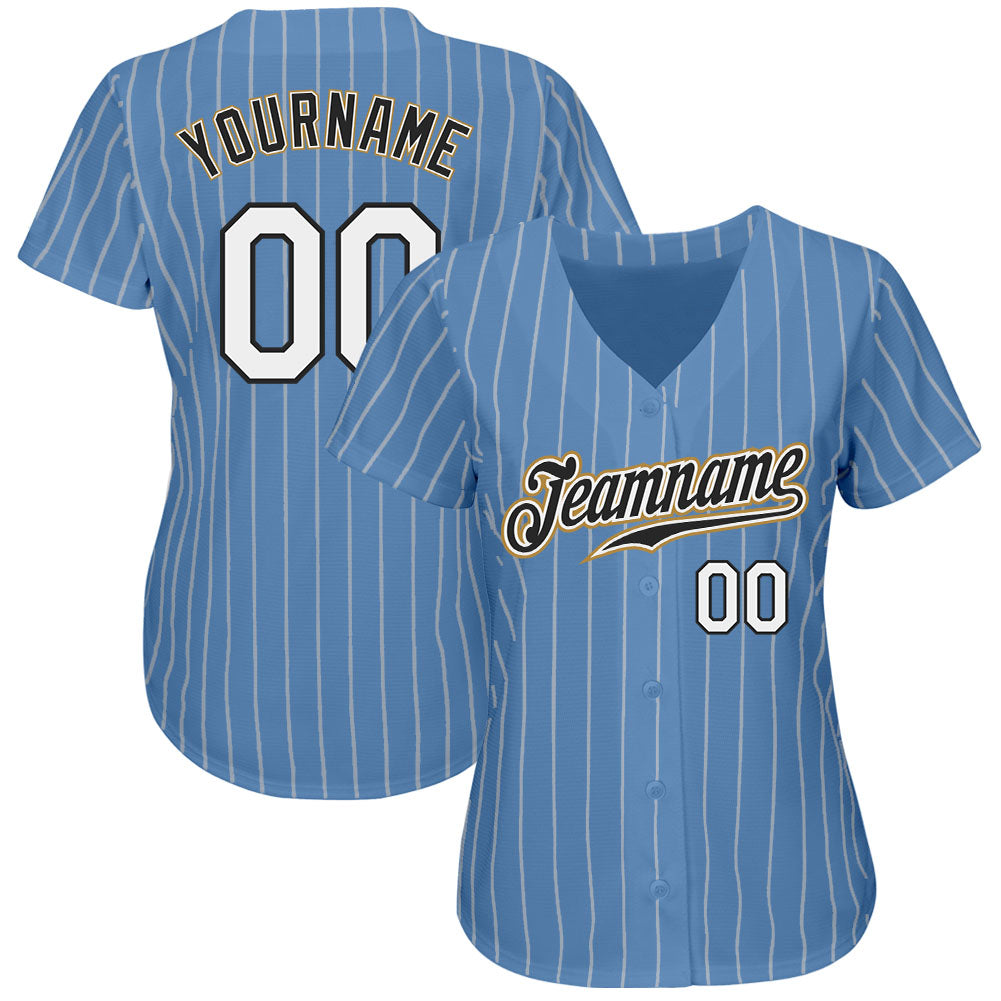 Custom Light Blue White Pinstripe White-Old Gold Authentic Baseball Jersey baseball jersey product view 2