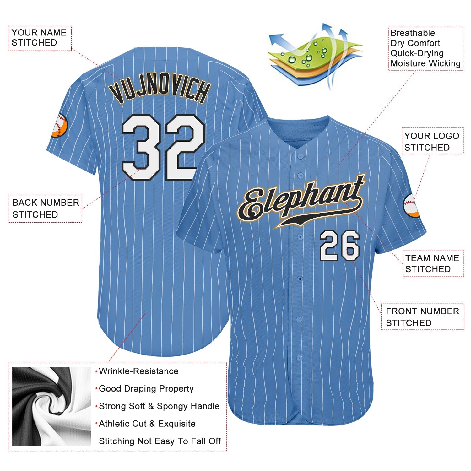 Custom Light Blue White Pinstripe White-Old Gold Authentic Baseball Jersey baseball jersey product view 3