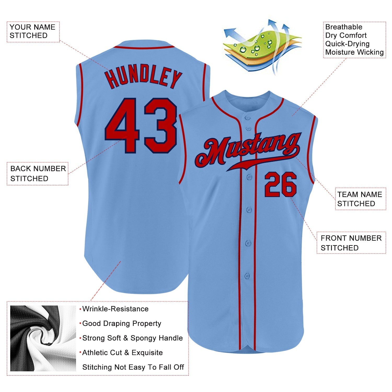 Custom Light Blue Red-Navy Authentic Sleeveless Baseball Jersey baseball jersey product view 2
