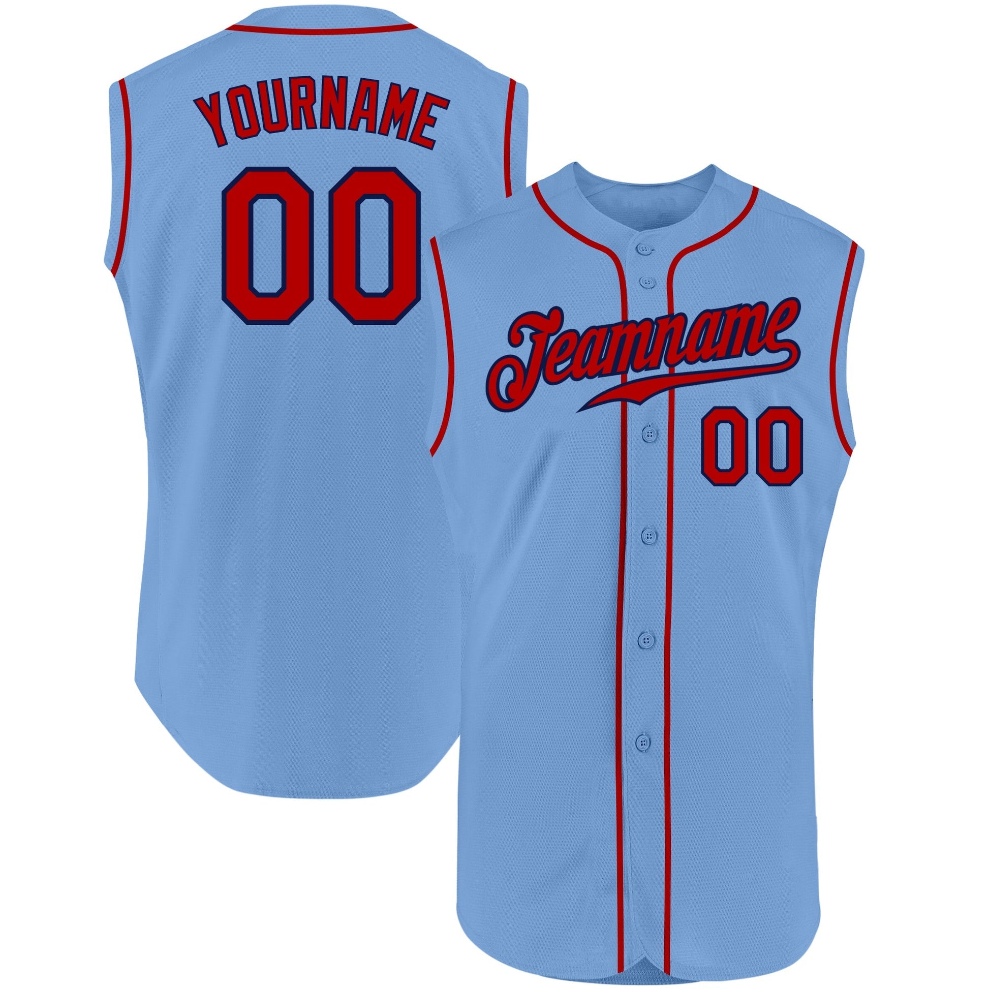 Custom Light Blue Red-Navy Authentic Sleeveless Baseball Jersey baseball jersey product view 1