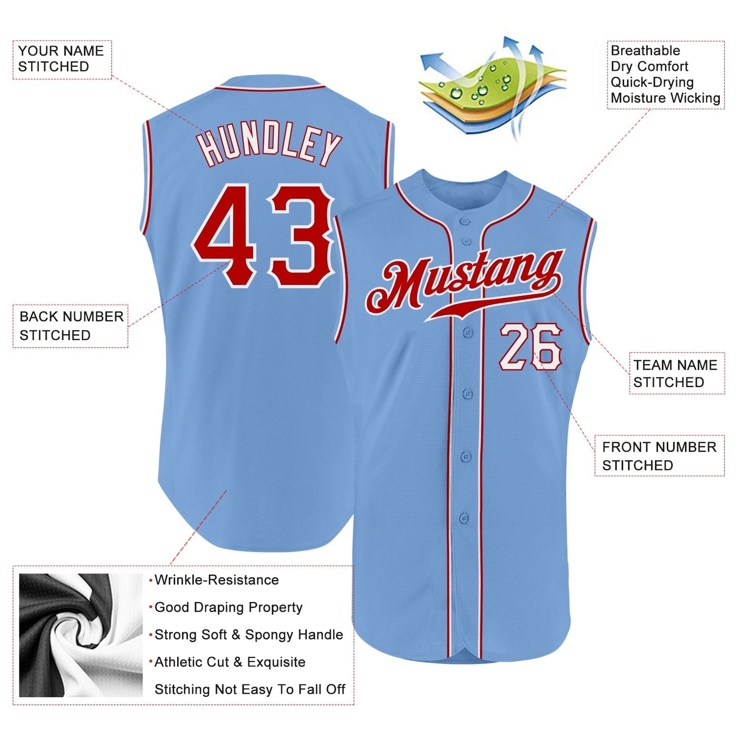 Custom Light Blue Red-White Authentic Sleeveless Baseball Jersey baseball jersey product view 2