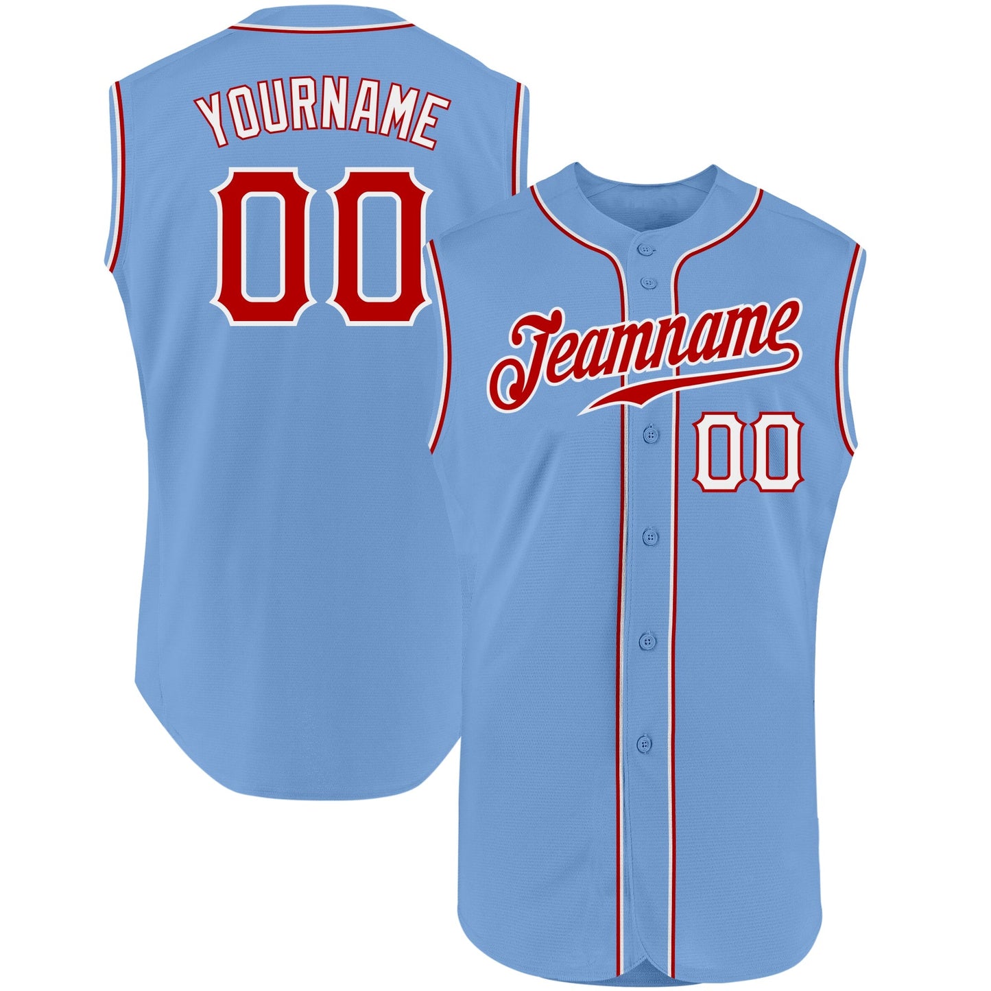 Custom Light Blue Red-White Authentic Sleeveless Baseball Jersey baseball jersey product view 1