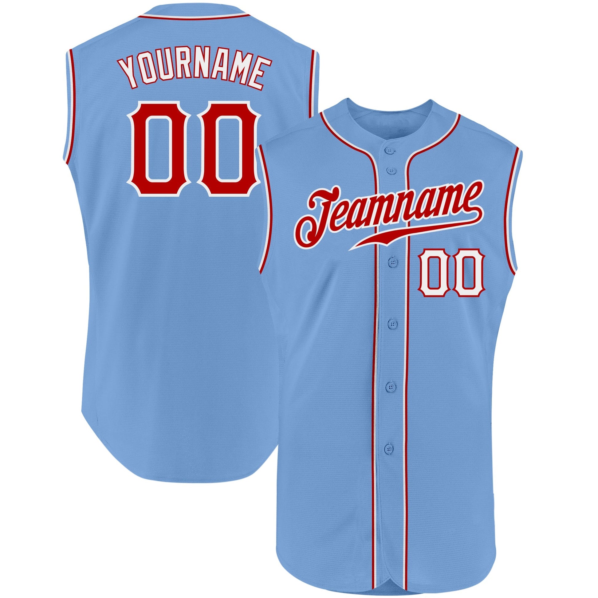 Custom Light Blue Red-White Authentic Sleeveless Baseball Jersey baseball jersey product view 1