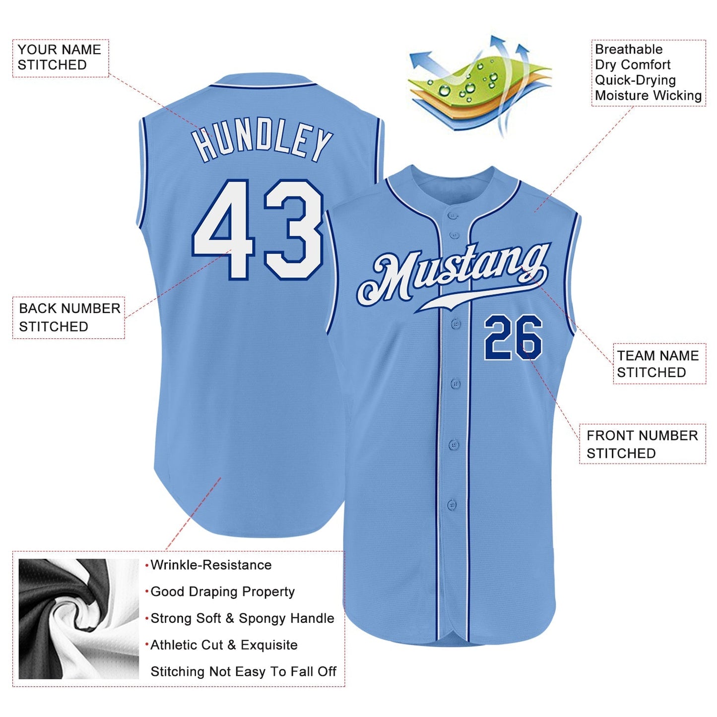 Custom Light Blue White-Royal Authentic Sleeveless Baseball Jersey baseball jersey product view 2