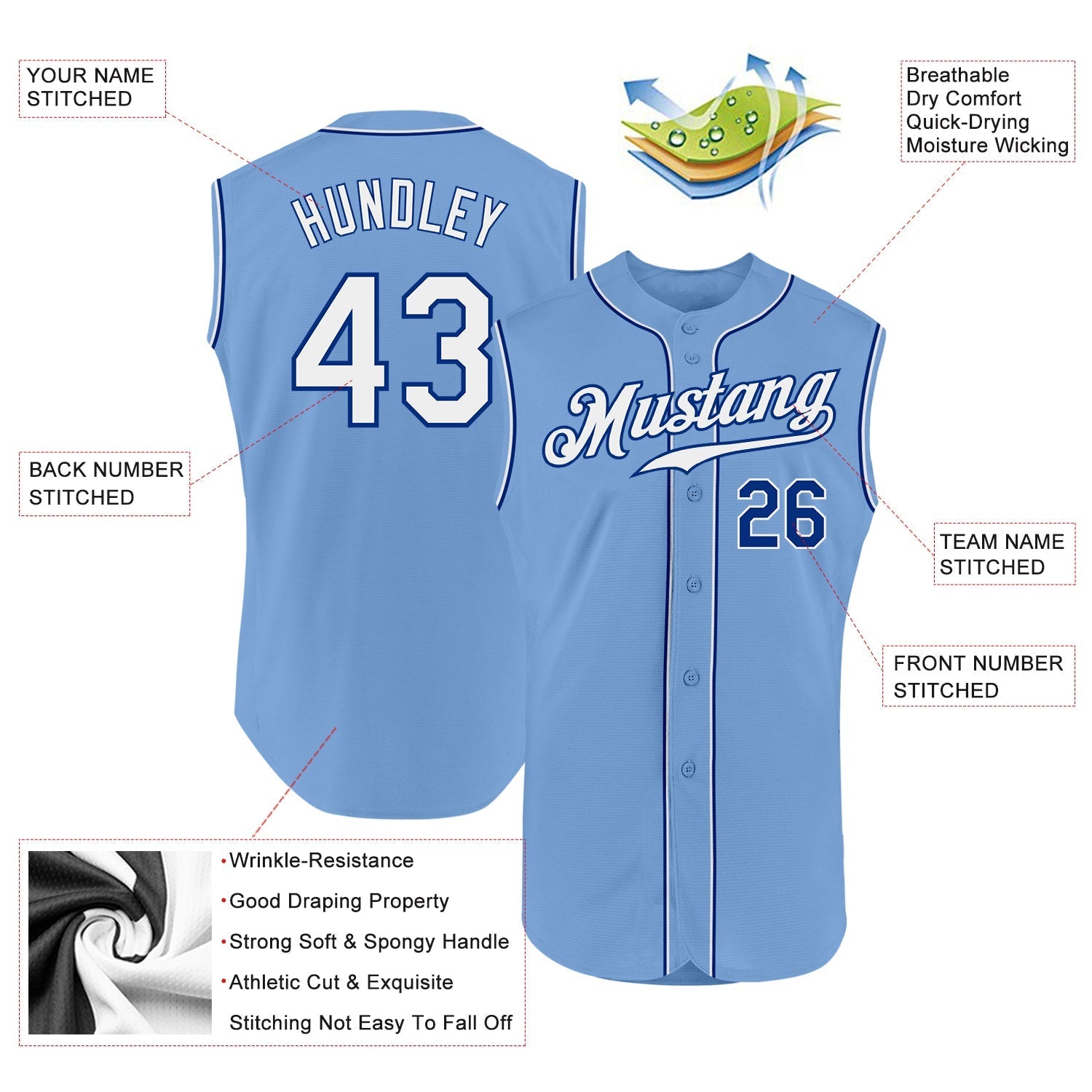 Custom Light Blue White-Royal Authentic Sleeveless Baseball Jersey baseball jersey product view 2