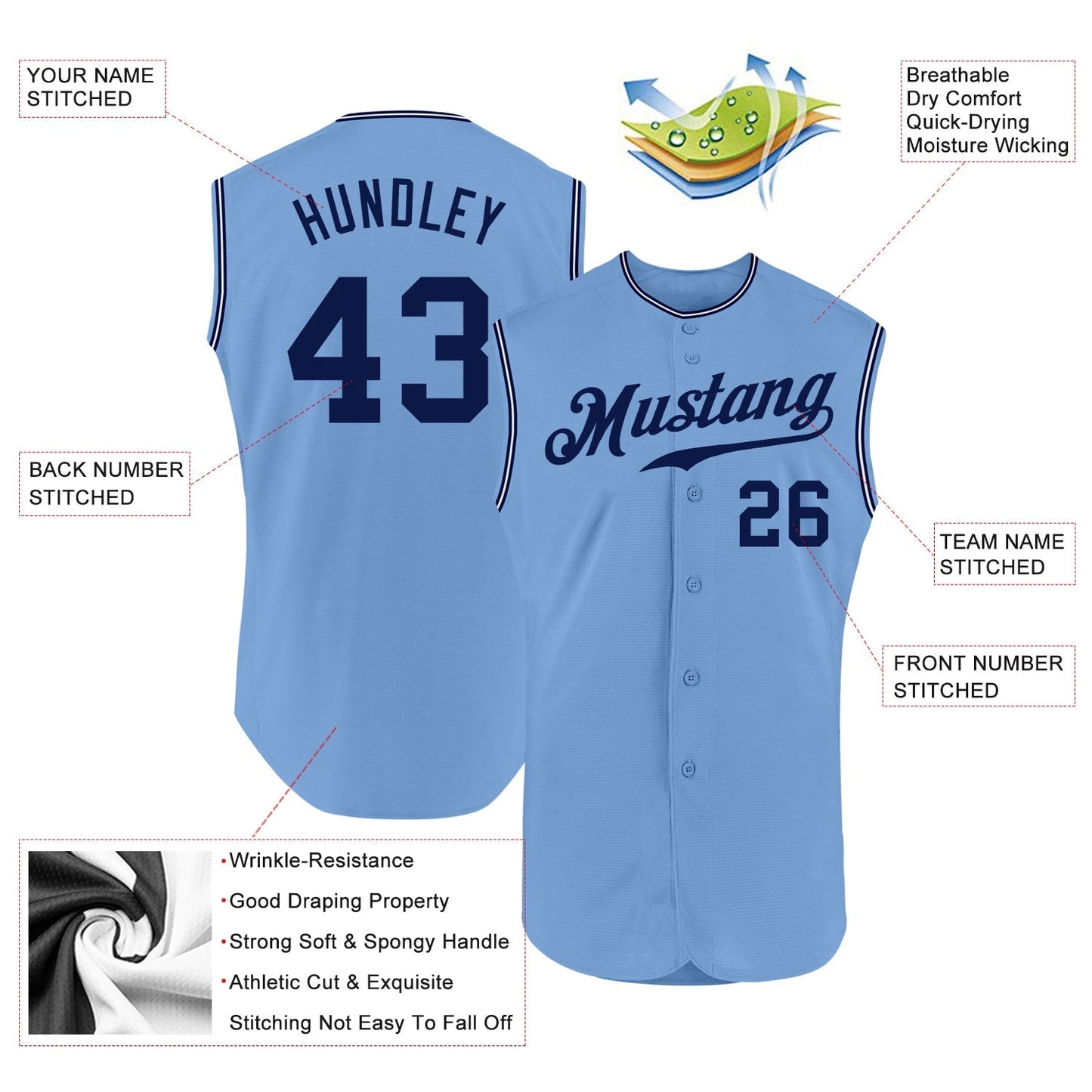 Custom Light Blue Navy-White Authentic Sleeveless Baseball Jersey baseball jersey product view 2