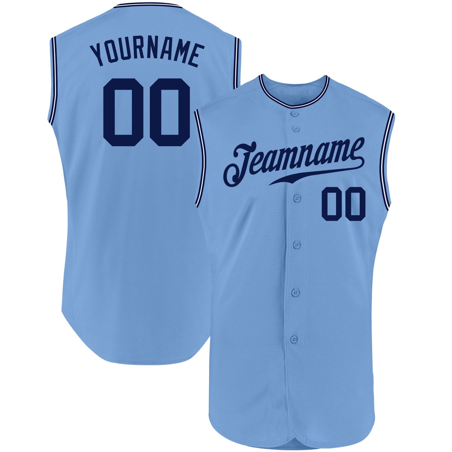 Custom Light Blue Navy-White Authentic Sleeveless Baseball Jersey baseball jersey product view 1