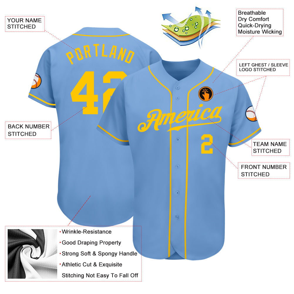 Custom Light Blue Gold Authentic Baseball Jersey baseball jersey product view 3
