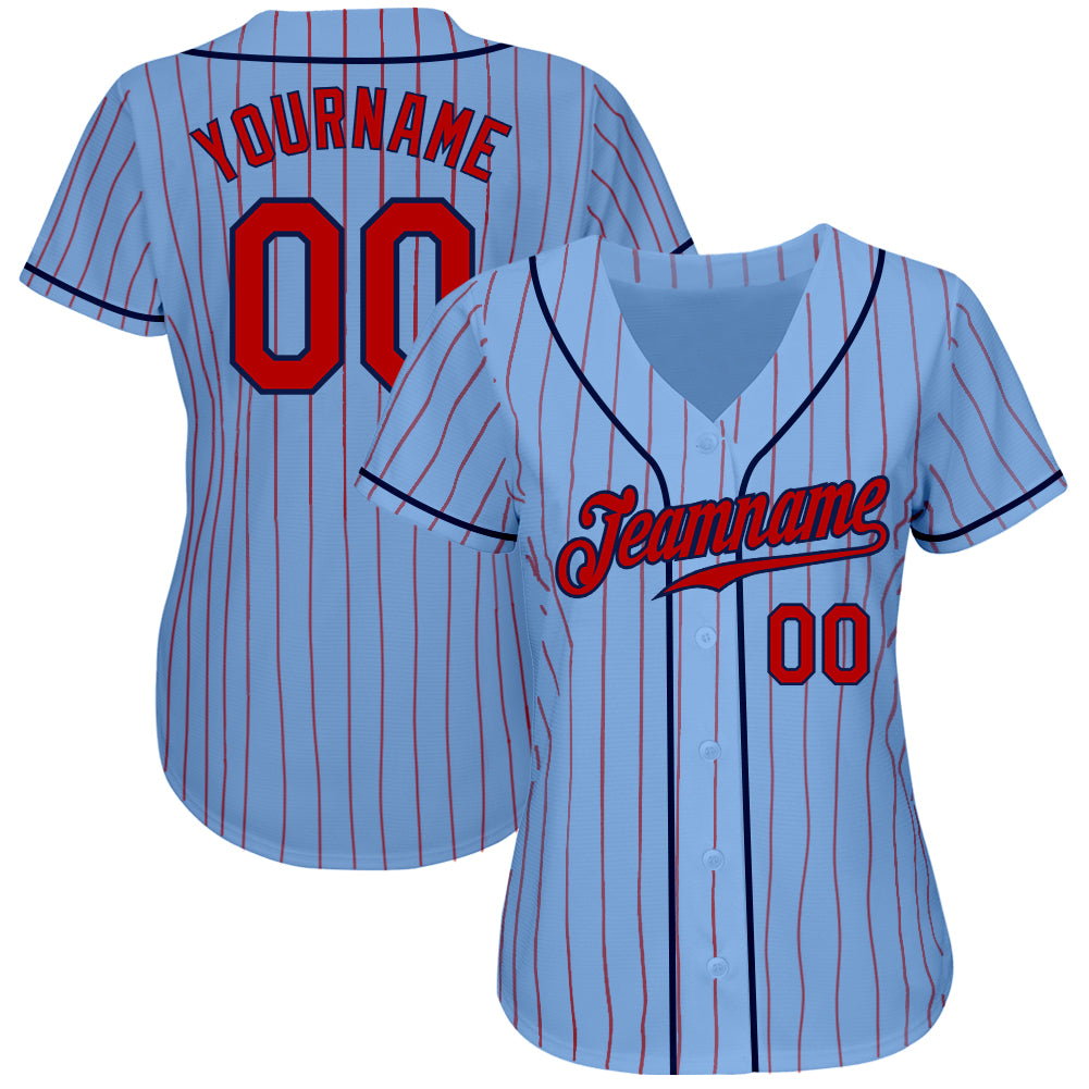 Custom Light Blue Red Pinstripe Red-Navy Authentic Baseball Jersey baseball jersey product view 2