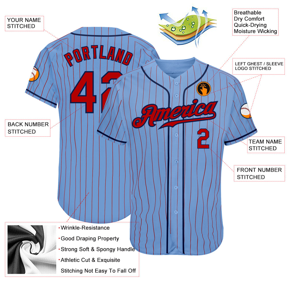 Custom Light Blue Red Pinstripe Red-Navy Authentic Baseball Jersey baseball jersey product view 3