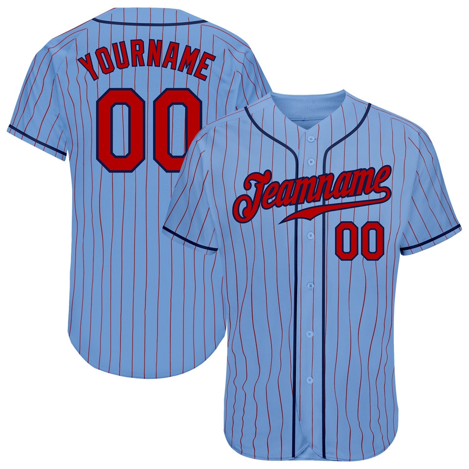 Custom Light Blue Red Pinstripe Red-Navy Authentic Baseball Jersey baseball jersey product view 1