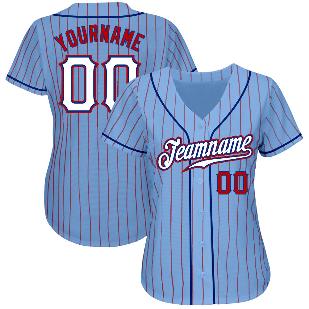 Custom Light Blue Red Pinstripe White-Royal Authentic Baseball Jersey baseball jersey product view 2