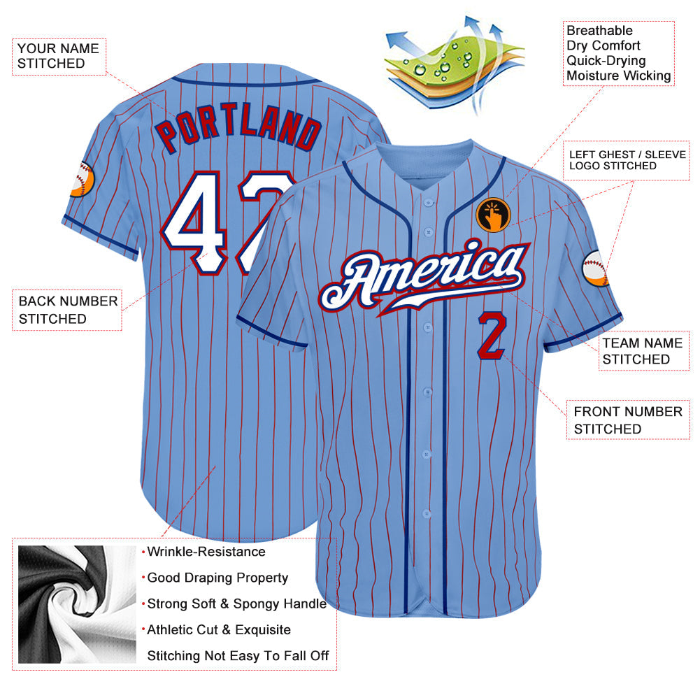 Custom Light Blue Red Pinstripe White-Royal Authentic Baseball Jersey baseball jersey product view 3