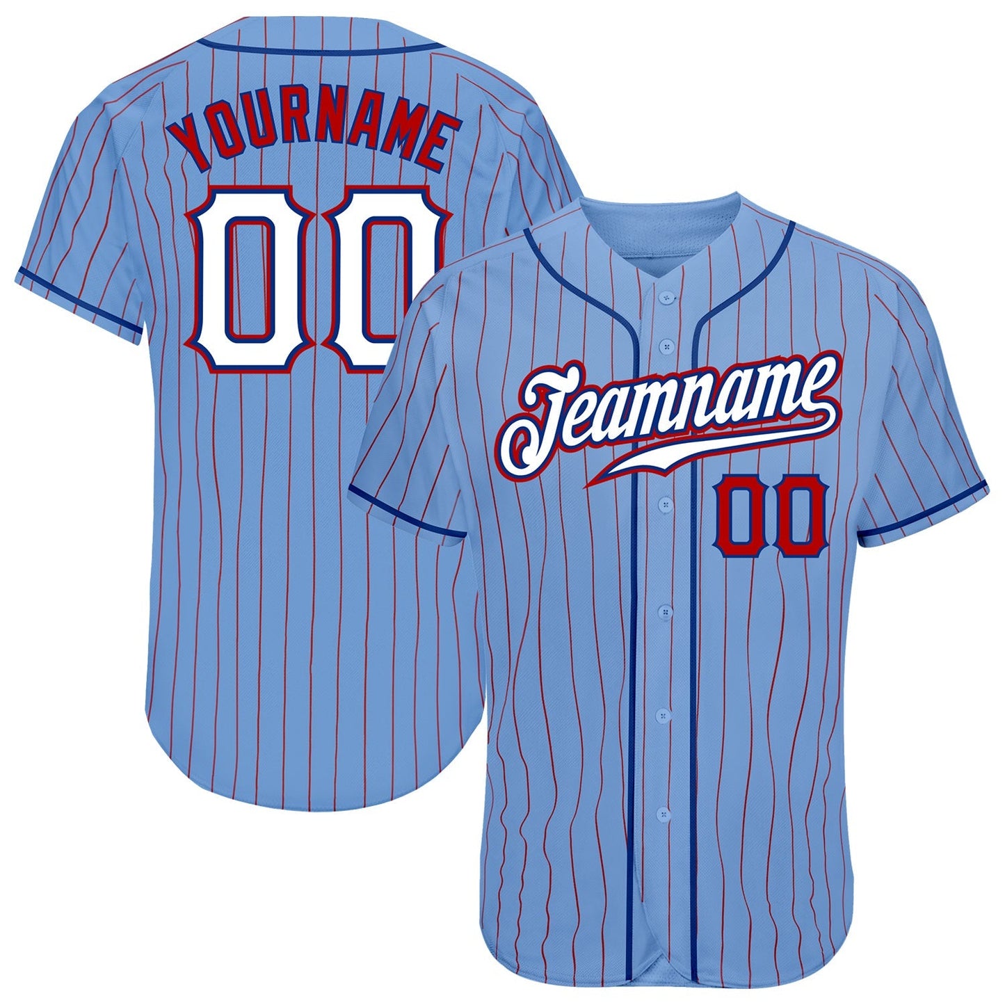 Custom Light Blue Red Pinstripe White-Royal Authentic Baseball Jersey baseball jersey product view 1