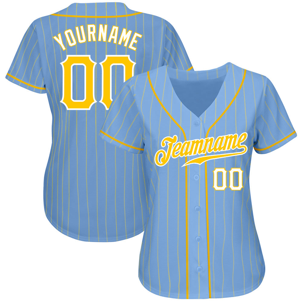 Custom Light Blue Gold Pinstripe Gold-White Authentic Baseball Jersey baseball jersey product view 2
