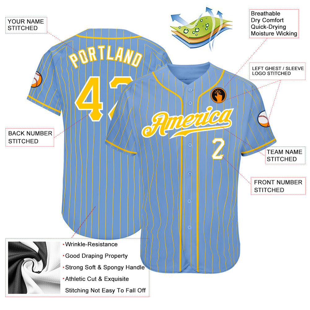 Custom Light Blue Gold Pinstripe Gold-White Authentic Baseball Jersey baseball jersey product view 3