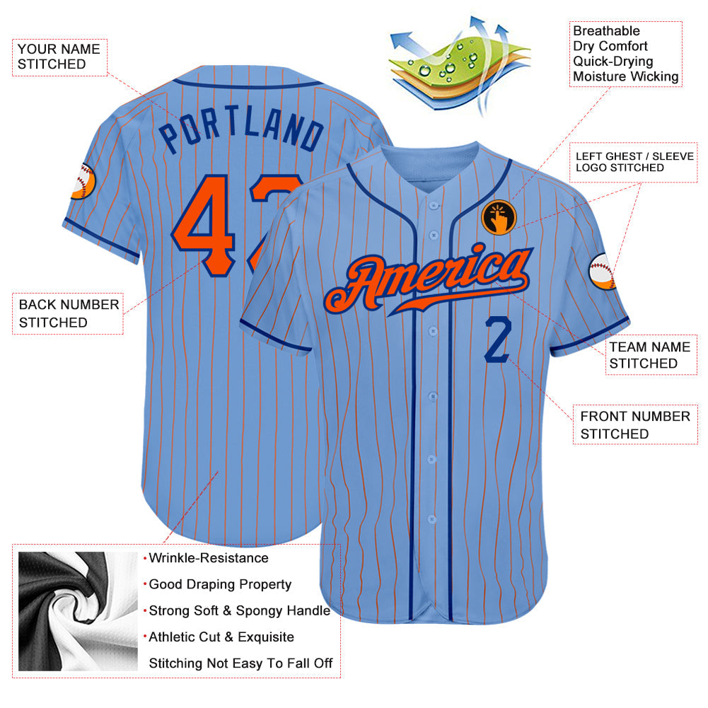 Custom Light Blue Orange Pinstripe Orange-Royal Authentic Baseball Jersey baseball jersey product view 3