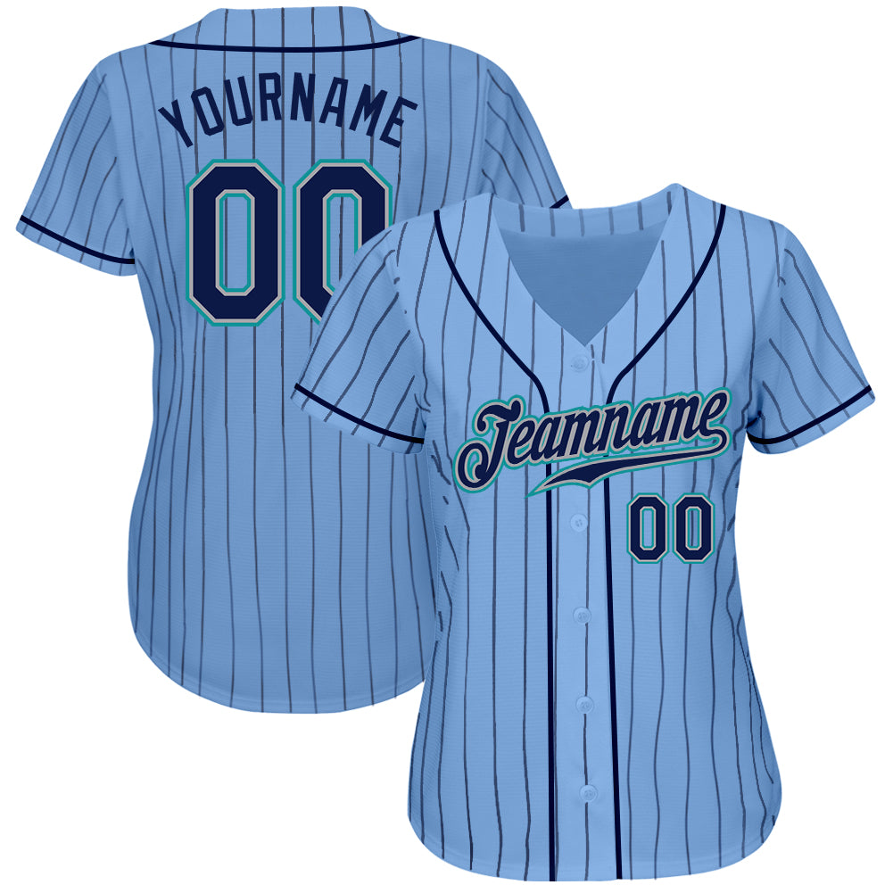 Custom Light Blue Navy Pinstripe Navy-Teal Authentic Baseball Jersey baseball jersey product view 2
