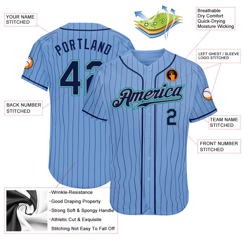 Custom Light Blue Navy Pinstripe Navy-Teal Authentic Baseball Jersey baseball jersey product view 3