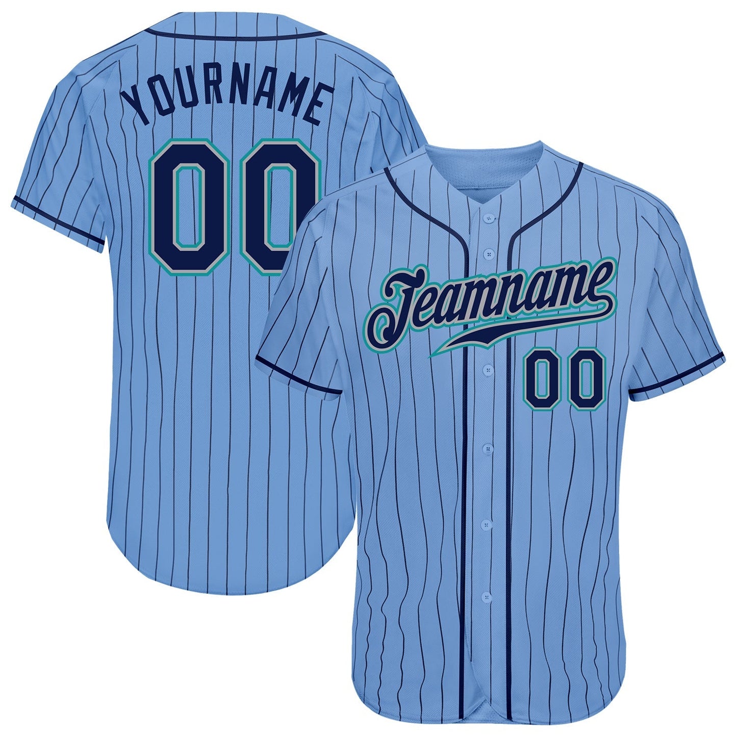 Custom Light Blue Navy Pinstripe Navy-Teal Authentic Baseball Jersey baseball jersey product view 1