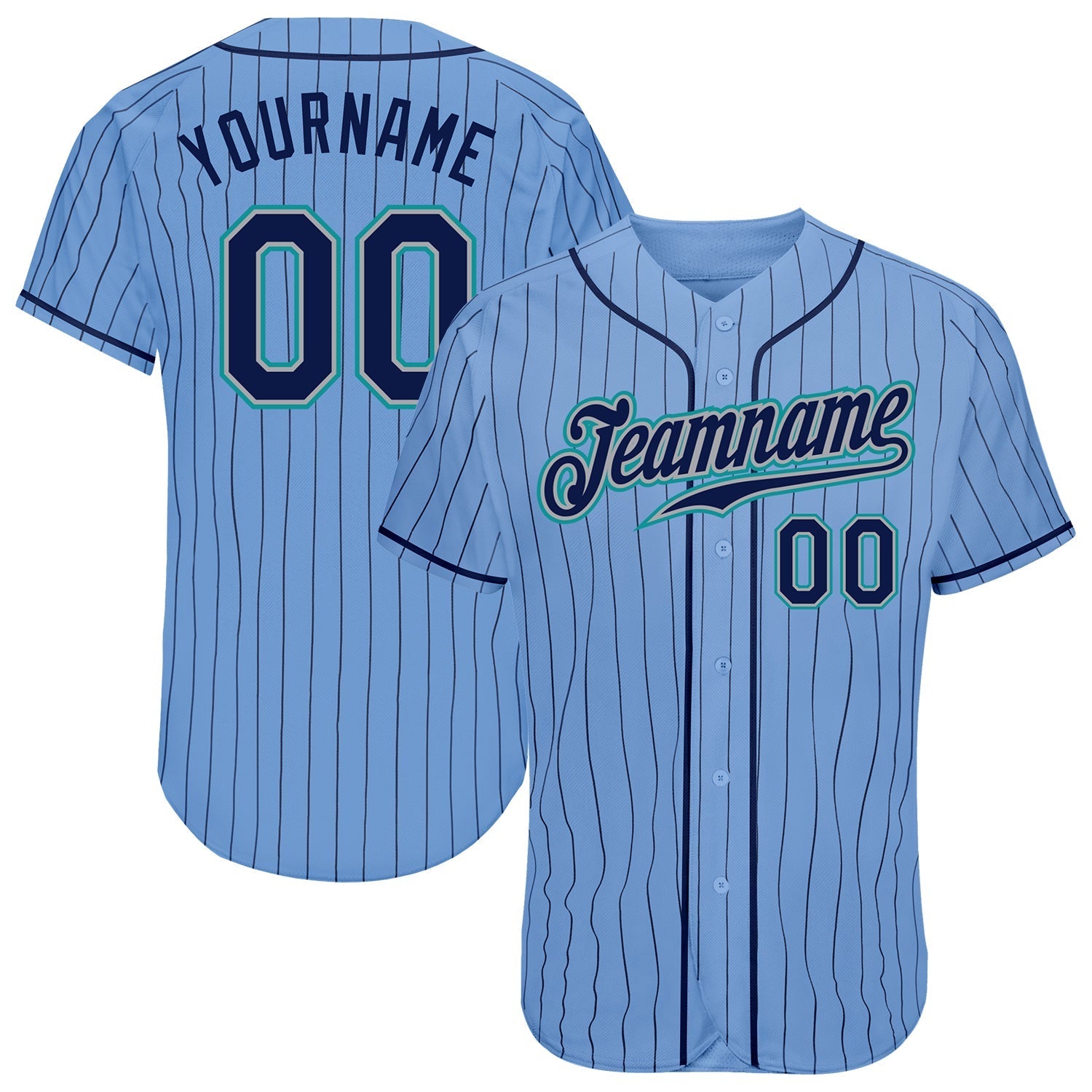 Custom Light Blue Navy Pinstripe Navy-Teal Authentic Baseball Jersey baseball jersey product view 1
