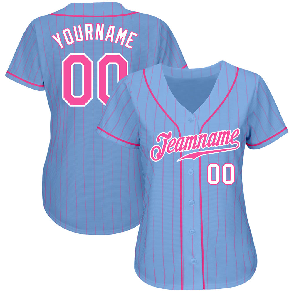 Custom Light Blue Pink Pinstripe Pink-White Authentic Baseball Jersey baseball jersey product view 2