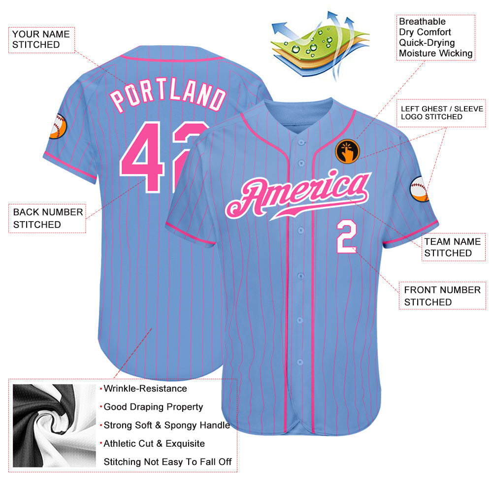 Custom Light Blue Pink Pinstripe Pink-White Authentic Baseball Jersey baseball jersey product view 3