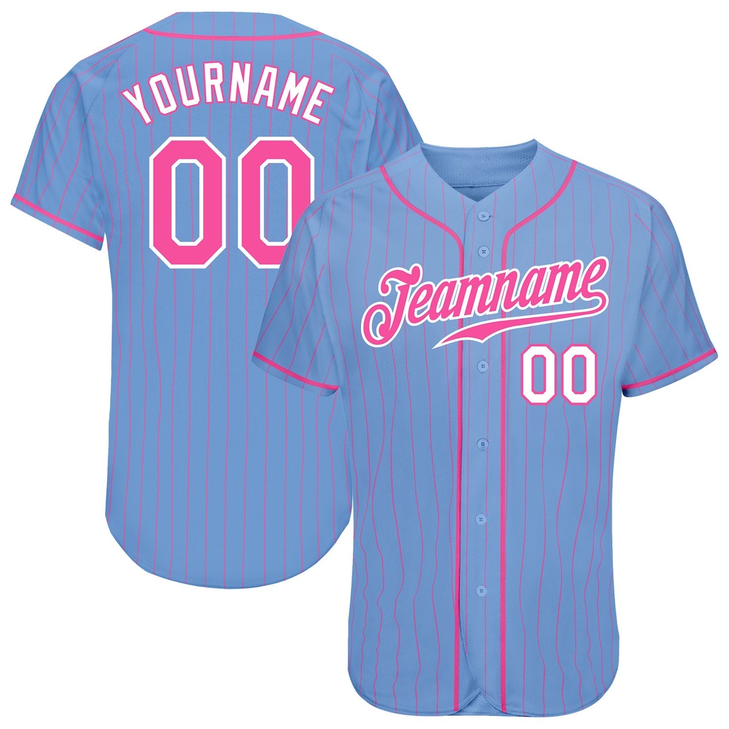 Custom Light Blue Pink Pinstripe Pink-White Authentic Baseball Jersey baseball jersey product view 1